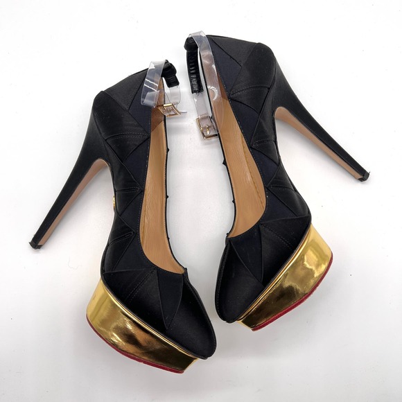 CHARLOTTE OLYMPIA Heels Womens 37 Black Gold Satin Pump Platform Ankle Strap - Picture 6 of 15